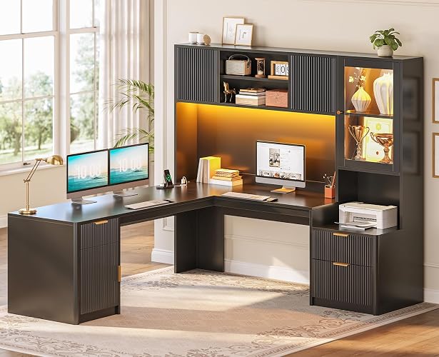 SEDETA 67" x 65" L Shaped Desk with Hutch, RGB LED Corner Computer Desk with Power Outlets, Fluted Home Office Desk with File Drawer, Storage & Glass Display Cabinets for Gaming & Working, Black