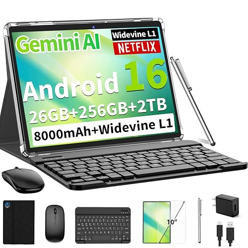 Android 16 Tablet with Keyboard - 26GB+256GB+2TB, Octa-Core(Black Case) | 10 inch Tablet with Gemini AI, 8000mAh, 5G WiFi, Widevine L1, GPS, GMS, Electronics Tablets with Case/Mouse/Stylus