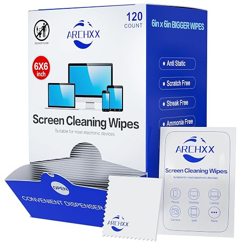 ARCHXX Screen Wipes for Electronics, 120 Count 6"x6" Pre-Moistened Screen Cleaner for Screens, Computer,Laptop,Tablet,Phone,Monitor,Car Screen Cleaner, Lens Wipes Individually Wrapped