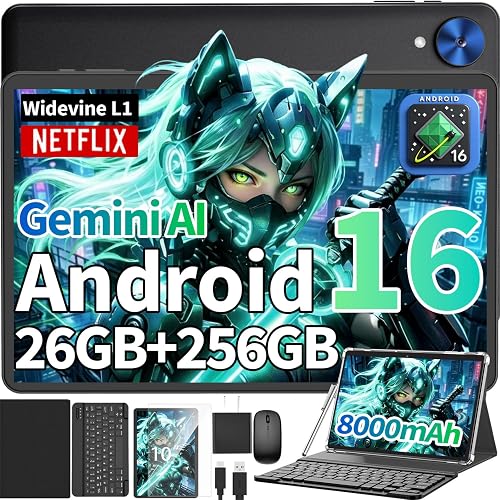 Android 16 Tablet with Keyboard,10 inch Tablet, 26GB+256GB+2TB(Black Case) | Electronic Tablet with 8-Core, Gemini AI, 5G WiFi, 8000mAh, GPS, GMS, Tablet PC with Case/Mouse/Stylus