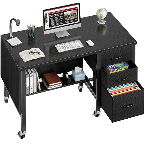 Rolling Teacher Desk with File Drawer & Privacy Panel, 47" Mobile Computer Desk with 3 Storage Drawers on Wheels, Modern Office Desks with File Cabinet for Classroom & Home Office, Black