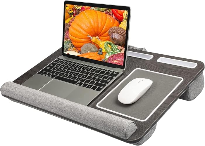 HUANUO Lap Desk - Fits up to 17 inches Laptop Desk, Black Woodgrain | Built in Mouse Pad & Wrist Pad for Laptop, Tablet, Lap Stand with Tablet, Pen & Phone Holder for Home Office Students Use
