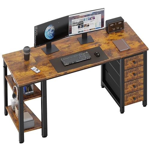 Lufeiya 55 inch Computer Desk with Storage Shelves, Writing Work Study Desk for Home Office Bedroom, Modern Simple Student PC Desks Table with 4 Fabric Drawers, Rustic Brown
