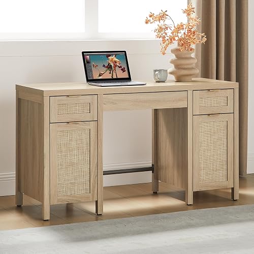 SICOTAS Rattan Home Office Desk with Storage, 52" Boho Executive Desk | Large Computer Table with 3 Drawers and 2 Cabinets, Farmhouse Writing Table for Study, Office, Living Room, Light Oak