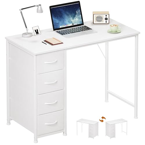 Somdot Small Computer Desk with 4 Drawers for Bedroom, Home Office Desk | 39 Inch Simple Writing Desk,Study Table with Storage Drawers for Home Office, Study, Living Room and Small Spaces, White