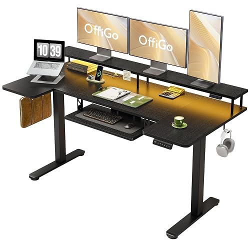 OffiGo 63 Inch U Shaped Electric Standing Desk with Keyboard Tray, Black | Power Outlet, Monitor Stand, LED Light, 3 Presets, 28.3"-46.5"in Range, 154 lb Capacity