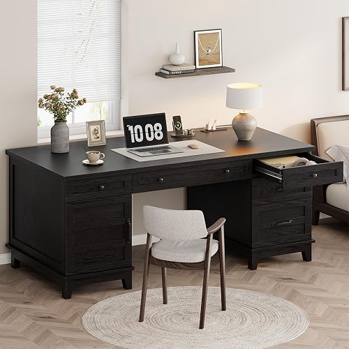 Garvee 60" Wooden Home Office Desk with File Drawers, Executive Desk with Adjustable Cabinet, Farmhouse Wood Desk with Power Outlet, Distressed Study and Work Table, Rustic Black