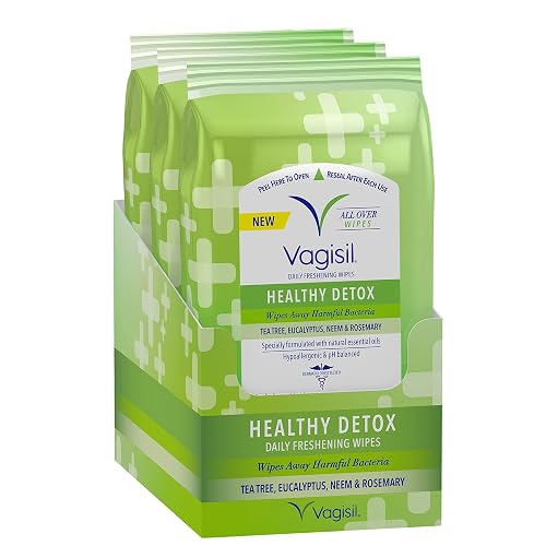VAGISIL Health Detox Feminine Cleansing Wipes, 20 Wipes (3 Pack) | Health Detox feminine wipes gently removes harmful bacteria. With natural essential oils. Hypoallergenic & pH balanced.