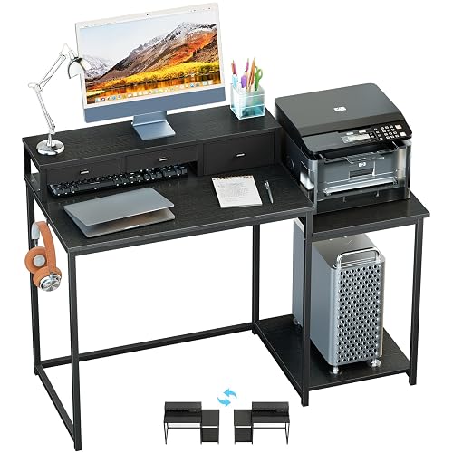 SINPAID 47" Gaming Computer Desk with Monitor Stand for Home Office,Black | Large Desk with Monitor Stand and Drawers, Home Office Writing Desk with Storage Shelves and 2 Hooks