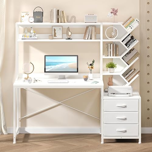 YOMILUVE 52" Computer Desk with Bookshelf, 3 Drawers ＆ Hutch for Bedroom | White Office Desk with Printer Shelf, Study Writing Desk with Storage Shelves