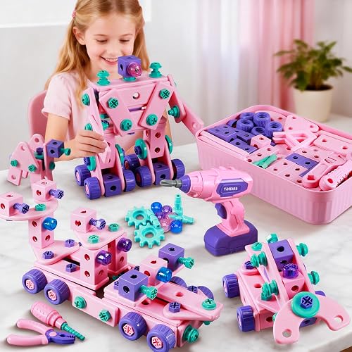 VEAIS Pink Kids Tool Set for Girls,Tool Set with Drill &Toolbox,STEM Montessori Toys for 3 4 5 Year Old,Pretend Play Kid Toy,Educational Construction Toy for 3-6 Year Old Girl,Birthday Gift for Kids