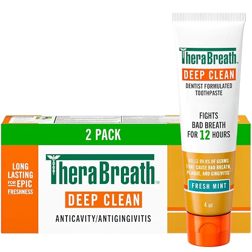 TheraBreath Deep Clean Toothpaste, Fresh Mint, 4 oz, 2-Pack | Kills 99.9% of Germs That Cause Bad Breath, Gingivitis & Plaque Protection, Gentle Teeth Whitening