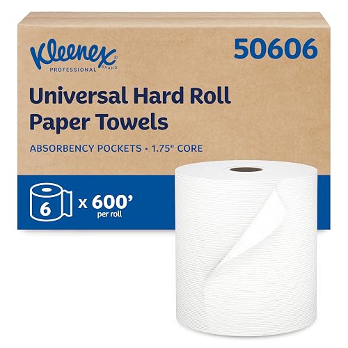 Kleenex Professional Hard Roll Paper Towels, Bulk, 6 Rolls x 600' (50606) | Universal 1.75" Core, Absorbency Pockets, White, Premium Tier, Compatible with Universal Roll Towel Dispensers