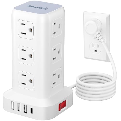 6.5Ft Power Strip Tower with 12 Widely Outlets & 4 USB Ports | 16-IN-1 Desk Charging Station with 2USB-C & 2USB-A, 6.5FT White Extension Cord, for Home Office, College Dorm Room Essentials