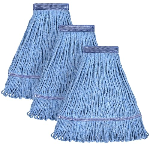 Matthew Cleaning Heavy Duty Mop Head Commercial Replacement for General and Floor Cleaning , Wet Industrial Blue Cotton Looped End String Head Refill (Pack of 3) Blue