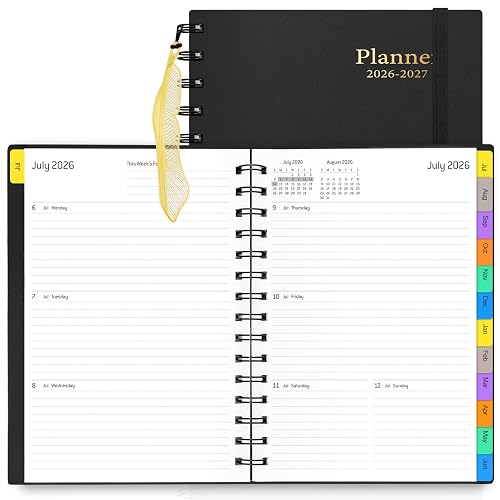 Daily Planner 2026-2027, 18-Month Weekly and Monthly Calendar Planner, July 2026-December 2027, Planning Agenda Book with Laminated Tabs, Flexible Cover, 100GSM Thick Paper, A5 Size,Black