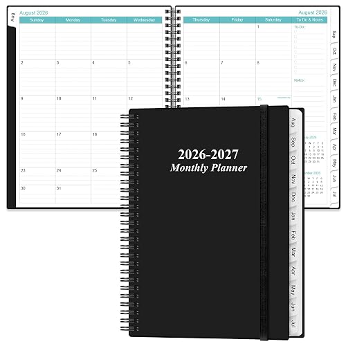 2026-2027 Monthly Planner - 17 Monthly Calendar, August 2026 - December 2027, Two Pages Per Month, 9" x11" Planner with Tabs, Strong Twin-Wire Binding, Inner Pocket, Black