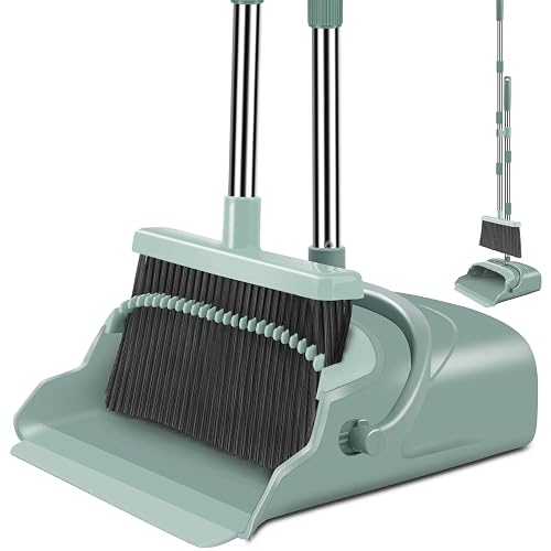 kelamayi Upgrade Broom and Dustpan Set, Large Size and with Long Handle, Upright,Ideal for Indoor Outdoor Garage Kitchen Room Office Lobby Use (Green)