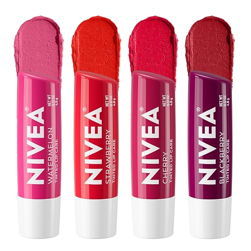 NIVEA Lip Care, Fruity Cuties Lip Balm Variety Pack, 4 x 0.17 OZ | One Each: Cherry, Strawberry, Watermelon and Blackberry, Shea Butter Enriched, 3-in-1 Moisture, Tinted Lip Balms