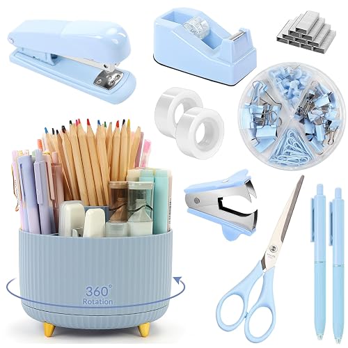 SKYDUE Blue Desk Accessories 11Pcs with Rotating Pen Holder for Desk | Included Stapler with Staples, Staple Remover, Tape Dispenser,2pcs Tape Refills, Binder Paper Clips Kit, Scissor, 2pcs Pens