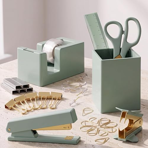 Aesthetic Desk Accessories Set for Women - A Complete Office Organizer Set | Office Supplies Kit with Gold Finish Includes Pen Holder, Scissors, Stapler, Tape Dispenser and More