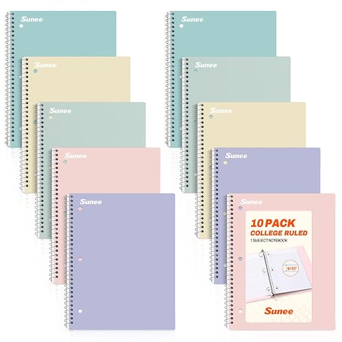 SUNEE Spiral Notebooks, 1-Subject, 10 Pack, College Ruled Paper, 8" x 10-1/2", 70 Sheets per Notebook,3-Hole Punched Paper, Pink,Purple, Blue, Green, Yellow Spiral Lined Notebooks for School,Work
