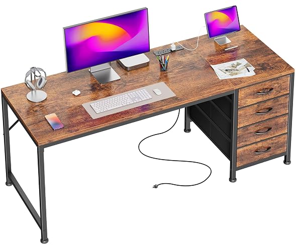 PRAISUN 55.1 Inch Computer Office Desk with Power Outelts and USB-C Port, Reversible Gaming Desk with 4 Fabric Drawers, Work Study Desk Work from Home, Rustic Brown