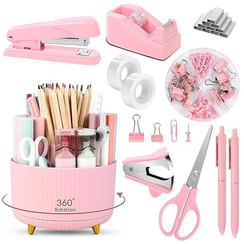 SKYDUE Pink Desk Accessories 11Pcs with Rotating Pen Holder for Desk | Included Stapler with Staples, Staple Remover, Tape Dispenser,2pcs Tape Refills, Binder Paper Clips Kit, Scissor, 2pcs Pens