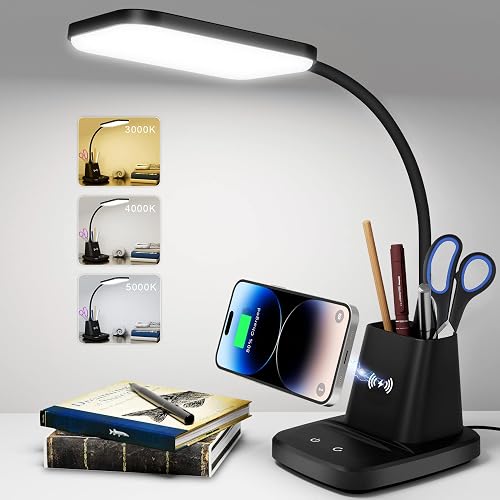 Sailstar LED Desk Lamp with 10W Wireless Charging & Pen Holder, Black | CRI 95, 800LM, Stepless Dimming, 3 Modes, 360°Flexible Arm, Touch, Study Table Lamp for Home Office, Dorm Room, with Adapter
