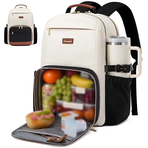 LOVEVOOK Lunch Backpack with Lunch Compartment,15.6 Inch Laptop Work Travel Insulated Cooler Backpack,Waterproof College Teacher Lunch Bag Box with Tumbler Holder,Gifts for Men Women,Beige-Black-Brown