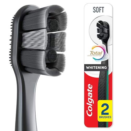 Colgate Total Active Prevention Soft Whitening Toothbrush, 2 Pack | Rapid Foaming Adult Manual Toothbrush, Easy to Open, Recyclable Packaging, Black