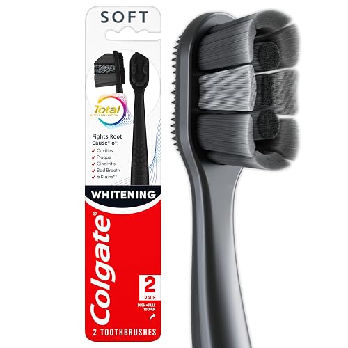 Colgate Total Whitening Charcoal Toothbrush, Soft, Black, 2 Pack | Charcoal Infused Bristles, Whitens Teeth, Reaches Deeper Along Gumline and Between Teeth, Helps Remove Surface Stains