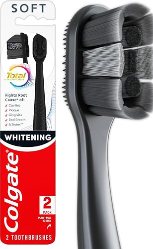 Colgate Total Whitening Charcoal Toothbrush, Soft, Black, 2 Pack | Charcoal Infused Bristles, Whitens Teeth, Reaches Deeper Along Gumline and Between Teeth, Helps Remove Surface Stains