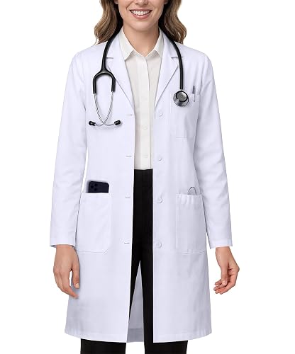 White Lab Coat for Women with Side-Slit Access and 3 Pockets for College | Medical Lab Coat with Long Sleeves Button Front Closure Machine Washable for Classroom Laboratory & Healthcare Use