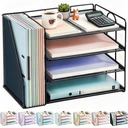 gianotter 4-Tier Paper Organizer With Magazine Holder | Desk Organizers and Accessories, File Organizer for Office Supplies Storag (Black, 4-Tier)