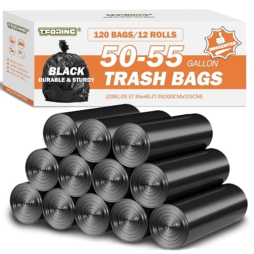T.FORING 50-55 Gallon Trash Bags Unscented, 40'' x 50'', Black, 120 Count | Large 50+ Gal Garbage Liners,Fit 187 - 206 Liter Bins,Multipurpose for Construction Industrial Yard Outdoor Commercial Bulk