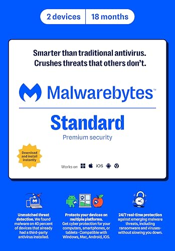 Malwarebytes Standard, Premium Software | Amazon Exclusive | 2 Devices, 18 Months (Windows, Mac OS, Android, Apple iOS, Chrome) [software_key_card]