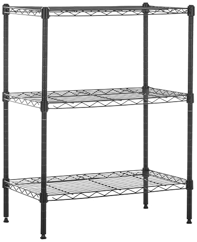 Amazon Basics 3-Shelf Adjustable Heavy Duty Steel Wire Rack Storage Shelving Organizer with Storage Space, Versatility and Ease of Use for Kitchen, Garage, 23.2" L x 13.4" W x 30" H, Black