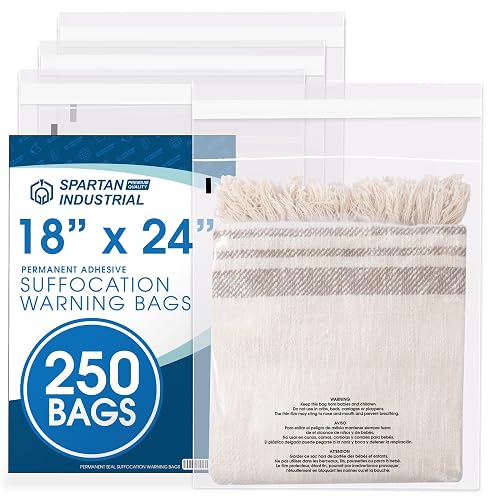 18" X 24" (250 Count) Self Seal Clear Poly Bags with Suffocation Warning | for Packaging, Shipping - Permanent Adhesive - Spartan Industrial