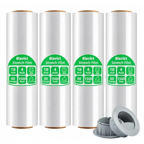 18in Stretch Wrap Roll, Heavy Duty 1500ft Shrink Wrap, 4 Pack with Handle | 80 Gauge, Industrial Strength, Clear Stretch Film, Self-Adhesive, Plastic Wrap for Pallet Wrapping Shipping Moving Furniture