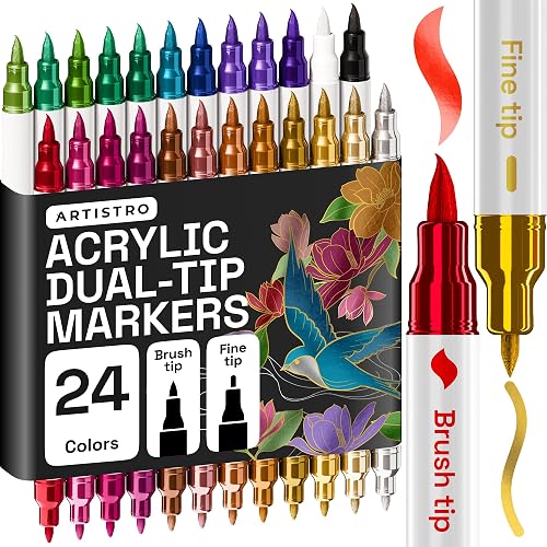 ARTISTRO 24 Metallic Dual-Tip Acrylic Paint Marker Pens for Drawing | For Fabric, Rock, Glass, Wood, Arts & Crafts Gift for Adults, Teens & Kids, Pumpkin Decorating Kit & Halloween Crafts