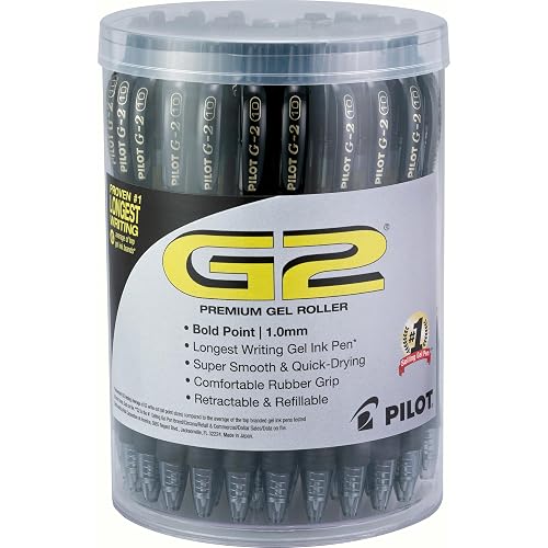 PILOT G2 Premium Gel Pens, Black Pens, Fine Point 0.7 mm, Tub of 48 | Longest writing gel ink pen, super smooth & quick-drying, comfortable rubber grip, retractable and refillable fine point pen