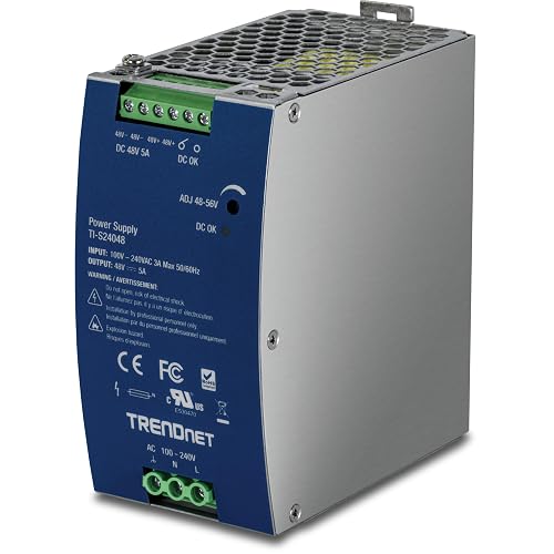 TRENDnet 240W, 48 – 56V DC,TI-S24048 | 5A AC to DC DIN-Rail Power Supply with PFC Function, 150% Peak Load Capability, UL 62368 Certified
