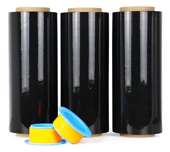 BOMEI PACK Black Stretch Wrap Industrial Strength with Plastic Handle 12" x 1000 Feet 80 Gauge 3-Pack, Black Shrink Wrap, Self-Adhering Black Plastic Wrap for Shipping, Moving