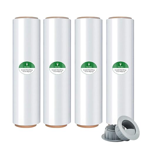 Stretch Wrap Rolls, Shrink Wrap 18in x 1500ft 4 Pack, Heavy Duty Pallet Wrap | Crystal Clear, Self-Adhesive Cling, Includes Hand Grips, 80 Gauge Industrial Strength, for Moving Packing Shipping