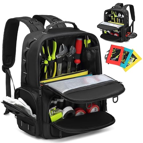 Tool Backpack,Heavy Duty Tool Bags for Men,Tool Storage Organizer Bag With 3 Tool Pouches for Electrician/Industrial/Construction/Tactical/Hvac Techs/Repairman Work