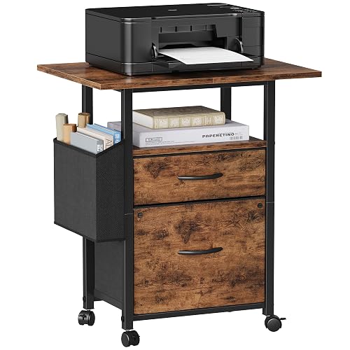 GYIIYUO 2 Drawer File Cabinet 24''W, Mobile Filing Cabinet, Printer Stand | 24'' Extended Desktop for Large Printer, Rolling, Side Bag, Fits A4/Letter Size, Home Office, Fabric Drawer, Light Brown