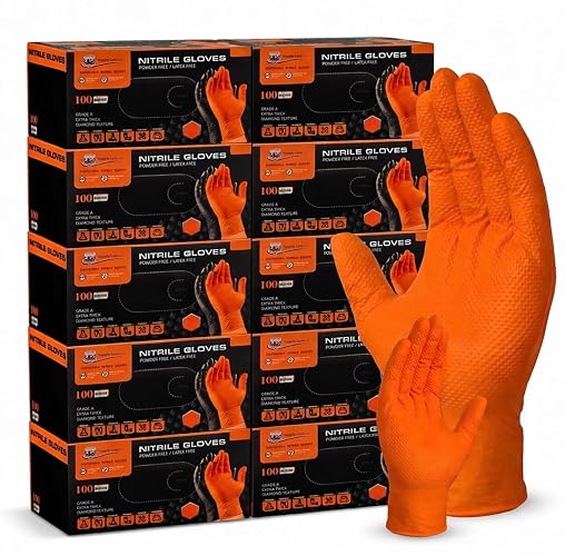 Supply Lane 10 Mil Nitrile Gloves, Diamond Grip, Powder Free, Latex Free, Orange, 100/1000 Count, Industrial Use