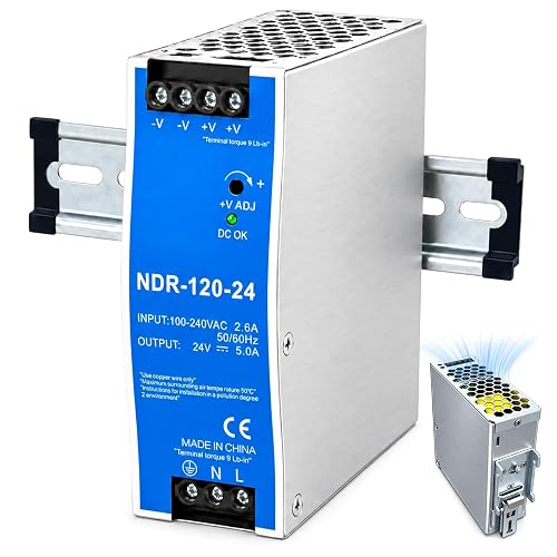 24V Power Supply DIN Rail NDR 120W, AC‑DC Industrial Converter (Input:100-240VAC,Output:24VDC,50/60HZ) Switch Switching Power Supply for PLC & Industrial Automation