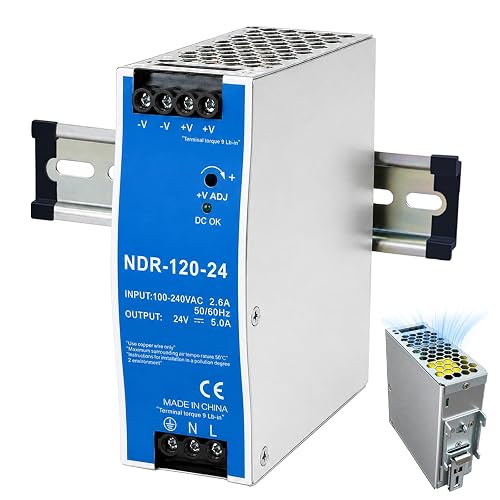 24V Power Supply DIN Rail NDR 120W, AC‑DC Industrial Converter (Input:100-240VAC,Output:24VDC,50/60HZ) Switch Switching Power Supply for PLC & Industrial Automation